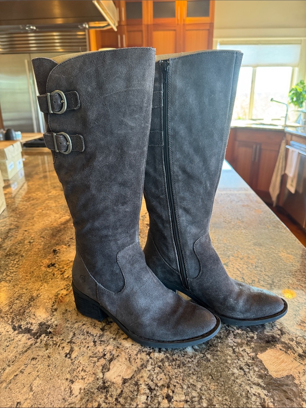 Born Gray Suede Knee-High Buckle Boots